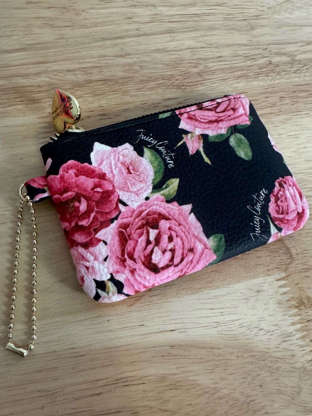 Juicy Couture Mini Black Pink Roses Zip Coin Purse